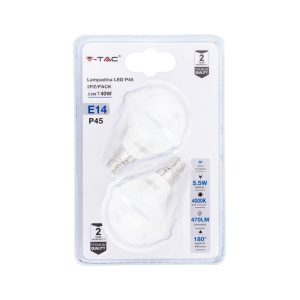 SKU 7355 VT-2146-B V-TAC Lampadina LED E14 5,5W P45 2700K (Blister 2 Pezzi)