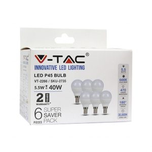 SKU 2735 VT-2266  V-TAC Lampadina LED E14 5,5W P45 6400K (Box 6 pezzi)