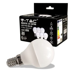 SKU 212733 VT-2266 V-TAC Lampadina LED E14 4,5W P45 3000K (Box 6 pezzi) Potenza 4.5W Flusso Luminoso 470LM Forma