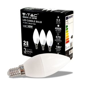 SKU 217264 VT-2076 V-TAC Lampadina LED E14 4,5W Candela 4000K (Box 3 Pezzi)