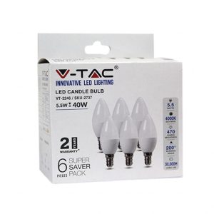 SKU 2737 VT-2246  V-TAC Lampadina LED E14 5,5W a Candela 4000K (Box 6 pezzi)
