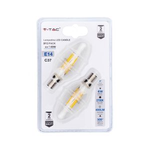 SKU 7365 LUCE 2700K CALDA VT-2174-B  V-TAC Lampadina LED E14 4W 100LM/W Candela Filamento (Blister 2 pezzi)