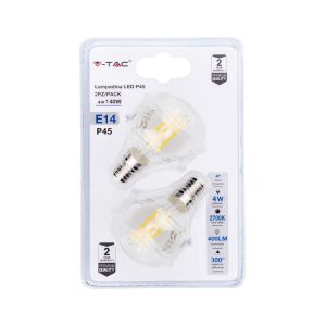 SKU 7366 LUCE 2700K CALDA  VT-2184 V-TAC Lampadina LED E14 4W 100LM/W P45 Filamento (Blister 2 Pezzi)