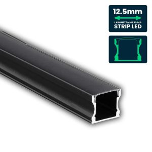Profilo  2000x17.2x14.4mm Lineare per Strip LED fino a 12.5mm, Alluminio Nero con Copertura Nera Opaca