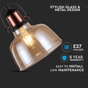 SKU 3726 VT-7220-A  V-TAC Lampadario LED in Vetro e Metallo con Portalampada E27 (Max 60W) Colore Ambrato