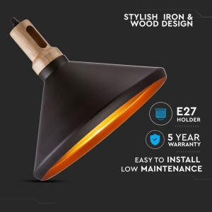 SKU 3764 VT-7535-B V-TAC Lampadario LED in Metallo a Cono con Portalampada E27 (Max 60W) Colore Nero Opaco e Attacco in Legno