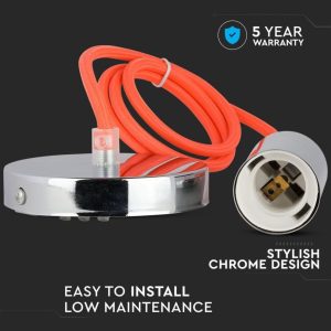 SKU 3788 VT-7338-O  V-TAC Lampadario LED a Cilindro in Metallo con Portalampada E27 (Max 60W) Colore Cromato e Cavo Arancione