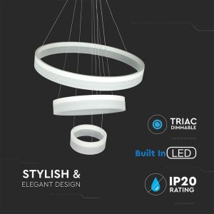 SKU 3906 VT-80-3D  V-TAC Lampadario LED a Sospensione in Metallo 80W con 3 Anelli Colore Bianco 3000K Dimmerabile