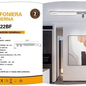 Plafoniera lampada da soffitto a led 50 watt con 2 faretti spot orientabili gu10 luce bianca fredda 4000k
