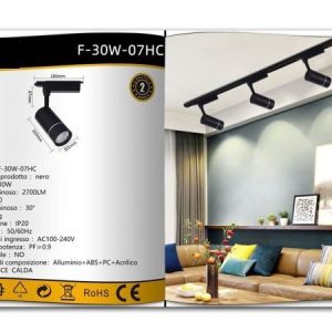 30W LUCE 3000K  Faretto  A LED  da binario led cob LUMEN 2700  scocca nera faro soffitto proiettore