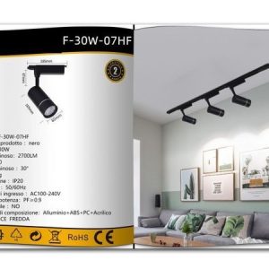 FARETTO 30W LUCE 6500K A LED DA BINARIO LED COB LUMEN 2700 SCOCCA NERA FARO SOFFITTO PROIETTORE