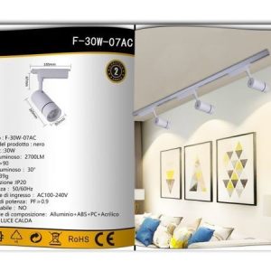 FARETTO 30W LUCE 3000K A LED DA BINARIO LED COB LUMEN 2700 SCOCCA BIANCA  FARO DA SOFFITTO PROIETTORE