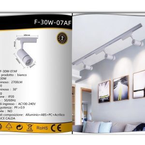 FARETTO 30W LUCE 6500K A LED DA BINARIO LED COB LUMEN 2700 SCOCCA BIANCA FARO DA SOFFITTO PROIETTORE