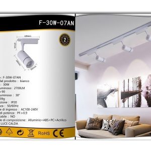FARETTO 30W LUCE 4000K A LED DA BINARIO LED COB LUMEN 2700 SCOCCA BIANCA FARO DA SOFFITTO PROIETTORE
