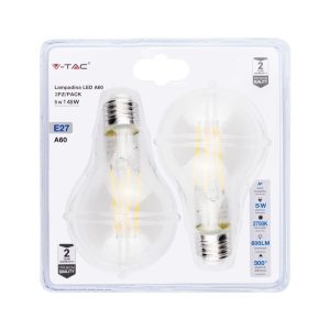 SKU 2858 VT-2415-B  V-TAC Lampadina LED E27 5W A60 Filamento 2700K (Blister 2 Pezzi)