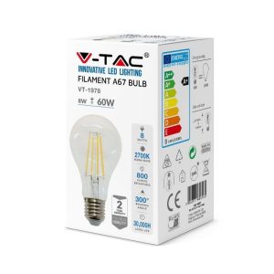 SKU 4407 VT-1978 V-TAC Lampadina LED E27 8W 100LM/W A67 Filamento 2700K