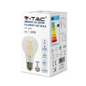 SKU 4409 VT-1978  V-TAC Lampadina LED E27 8W A67 Filamento 6000K