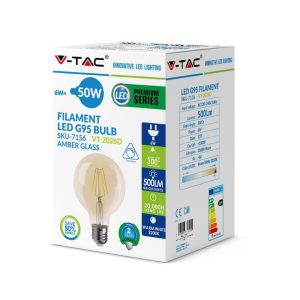 SKU 7156 VT-2026D  V-TAC Lampadina LED E27 6W G95 Filamento Ambrato 2200K Dimmerabile