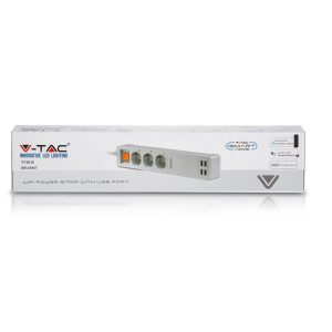 SKU 8447  V-TAC Spina Schuko WiFi 3Prese 10A 2P+Schuko 4USB Interruttore Compatibile con Google Home e Amazon Alexa