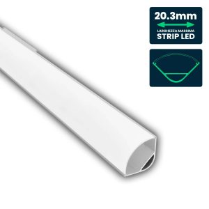 Profilo 2000x30x30mm  ino a 20.3mm  Angolare Tondo per Strip LED f, Alluminio Silver con Copertura Opaca