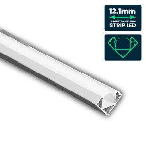 BIANCO 2000x19x19mm  fino a 12.1mm, Profilo Angolare per Strip LED  Alluminio  con Copertura Opaca