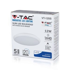 SKU 937 VT-12SS V-TAC PRO Plafoniera LED Chip Samsung Rotonda 12W 120LM/W con Sensore di Movimento a Microonde 3000K