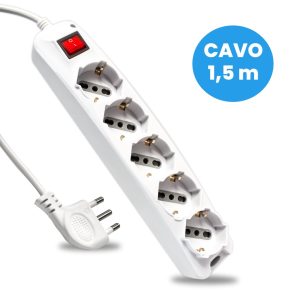 SKU 8712 V-TAC Multipresa con Cavo 1,5m 5 Prese 10/16A 2P+T Bipasso + Schuko Interruttore Luminoso Spina 16A 2P+T Colore Bianco