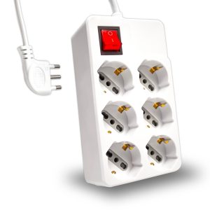 SKU 8749  V-TAC  Cavo 1,5m 6 Prese 10/16A 2P+T Bipasso + Schuko con Interruttore Luminoso Spina 16A 2P+T Colore Bianco