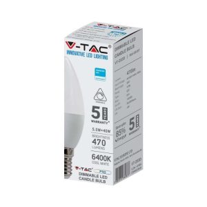 SKU 20187 VT-293D  V-TAC PRO Lamapadina LED Chip Samsung E14 5,5W Candela 6400K Dimmerabile