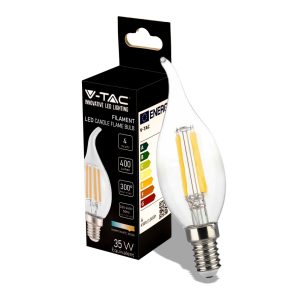 SKU 214431 LUCE 4000K  V-TAC Lampadina LED E14 4W 100LM/W Candela a Fiamma Tortiglione Filamento