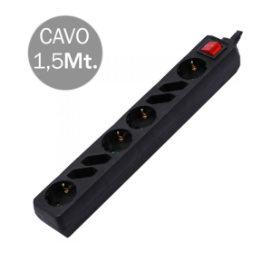 Multipresa con Cavo 1,5mt 8 Prese 4 10A 2P + Shuko 4 10A Inclinate e Interruttore Luminoso Spina Shuko Colore Nero - SKU 8773