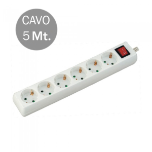 V-TAC VT-1116 Multipresa con Cavo 5mt 6 Prese 10A 2P + Shuko e Interruttore Luminoso Spina Shuko Colore Bianco - SKU 8769