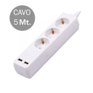 V-TAC VT-1124 Multipresa con Cavo 5mt 3 Prese 10A 2P + Shuko 2 USB e Interruttore Luminoso Spina Shuko Colore Bianco - SKU 8775