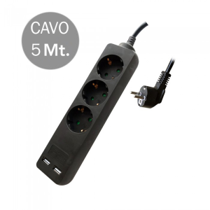 V-TAC VT-1125-2 Multipresa con Cavo 5mt 3 Prese 10A 2P + Shuko 2 USB e Interruttore Luminoso Spina Shuko Colore Nero - SKU 8777