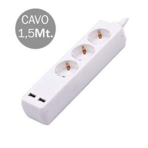 Multipresa con Cavo 1,5mt 3 Prese 10A 2P + Shuko 2 USB e Interruttore Luminoso Spina Shuko Colore Bianco - SKU 8774