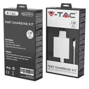V-TAC VT-5382 Caricatore da Viaggio con Cavo Ricarica Veloce Micro USB Tipo-C 3.0A Colore Bianco - SKU 8643