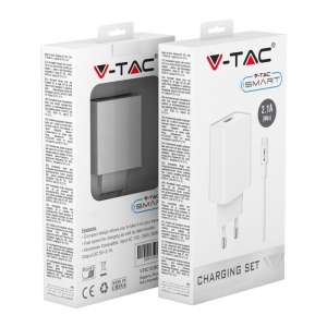 V-TAC VT-5371-W Caricatore da Viaggio con Cavo Ricarica Veloce Micro USB 2.1A Colore Bianco - SKU 8645