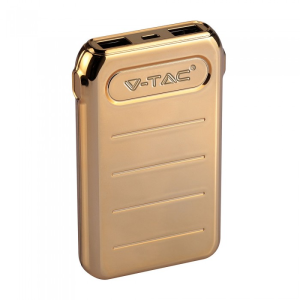 V-TAC VT-3522 Power Bank Gold 10.000 Mah Dual USB Micro USB e Tipo C - SKU 8907
