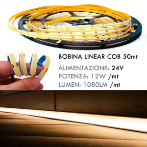 12W/MT COB 24V LUCE 4000K  STRISCIA LED FLESSIBILE  LAMA LUCE CONTINUA  1080LM/MT BOBINA 50 METRI CON CONNETTORI