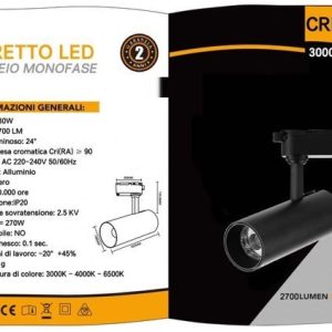 30W LUCE 3000K-4000K-6500K MONOFASE DA BINARIO 2700LUMEN  COLR  NERO