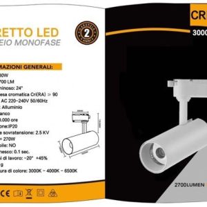 30W LUCE 3000K-4000K-6500K MONOFASE DA BINARIO 2700LUMEN  COLR BIANCO