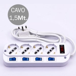 Multipresa con Cavo 1,5mt 4 Prese 10/16A 2P+T Bipasso + Shuko a 45° Interruttore Generico 4 Singoli Spina 16A 2P+T - SKU 8737