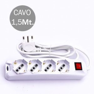 SKU 8711 V-TAC Multipresa con Cavo 1,5m 4 Prese 10/16A 2P+T Bipasso + Schuko Interruttore Luminoso Spina 16A 2P+T Colore Bianco