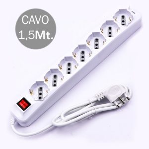 SKU 8714  V-TAC Multipresa con Cavo 1,5m 7 Prese 10/16A 2P+T Bipasso + Schuko Interruttore Luminoso Spina 16A 2P+T Colore Bianco
