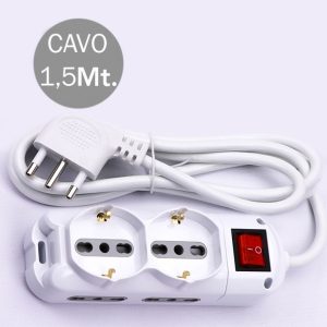 SKU 8734  V-TAC  Cavo 1,5m 4 Prese Laterali 10/16A 2P+T Bipasso 2 Frontali 10/16A 2P+T Bipasso Schuko con Interruttore 16A 2P+T