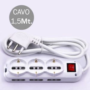 SKU 8735  V-TAC Cavo 1,5m 6 Prese Laterali 10/16A 2P+T Bipasso 3 Frontali 10/16A 2P+T Schuko con Interruttore Spina 16A 2P+T
